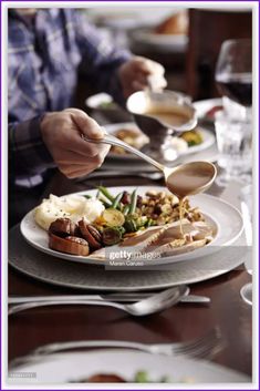 Man Pouring Gravy Onto Turkey Meal - MasterBundles Collage. Thanksgiving Recipes