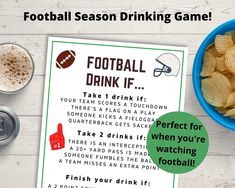 a football drink drinking game next to a bowl of chips