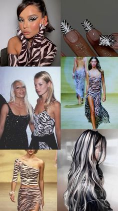 several different pictures of women in zebra print outfits and accessories, including shoes, hair, and makeup