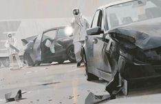 two men in white suits standing next to a car that has been badly smashed into