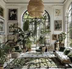 a living room filled with lots of plants and pictures on the wall above it's windows