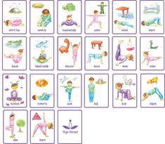 an image of children's yoga flashcards with their names in english and spanish