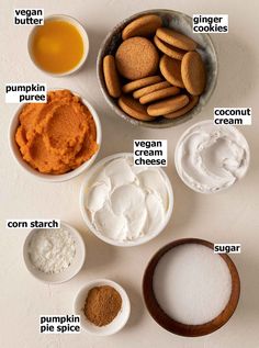 the ingredients to make vegan cookies are shown in small bowls and labeled on each side