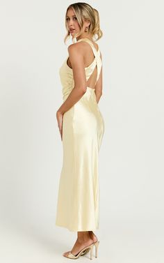 Aluna Midi Dress - High Neck Cross Back Satin Slip Dress in Lemon | Showpo USA Pale Yellow Dress, Slip Dress Style, Pale Yellow Dresses, Basic Black Dress, Yellow Bridesmaid Dresses, Bachelorette Dress, Navy Bridesmaid Dresses, Maxi Dresses Fall, Long Sleeve Dress Formal