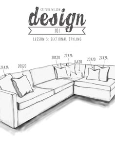 a drawing of a sectional couch with pillows on the top and bottom, as well as measurements