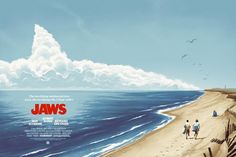 a movie poster for jaws with people walking on the beach next to the ocean and clouds in the sky