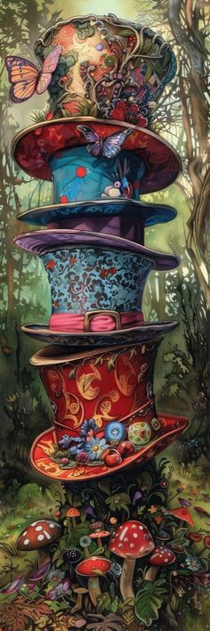 a stack of colorful hats sitting on top of a lush green forest filled with trees