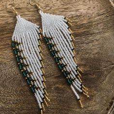 Beautiful white, blue, gold and green seed bead earrings. Gold filled earring hooks. Approximately 4 inches long and 1 inch wide. Large but light weight. Beaded Angels, Earrings White Gold, Angel Wing Earrings, Feather Wings, Beaded Lanyards, Beaded Earrings Patterns, Beading Ideas, Beadwork Patterns