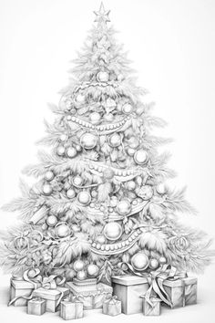 a pencil drawing of a christmas tree with presents