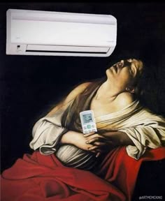 a painting of a woman laying down next to an air conditioner on the wall