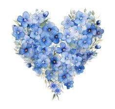 blue flowers are arranged in the shape of a heart on a white background, watercolor