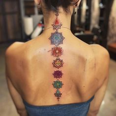 the back of a woman's neck is adorned with an intricate tattoo design and seven chakras