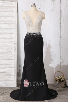 This dazzling sexy evening prom dress features silver rhinestone beaded illusion sheer bodice, black jersey long skirt, plunging V neckline and V back. It will make you outstanding at prom party and any other occasions. Long Sleeve Black Prom Dress, Long Mermaid Skirt, Black Long Sleeve Prom Dress, Black Mermaid Prom Dress, Military Ball Dress, Classy Prom Dresses, Black Mermaid