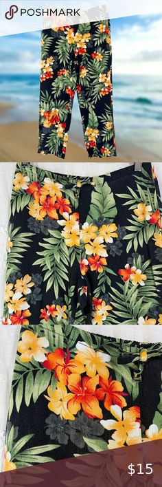 White Stag 100% Rayon Floral Lounge/Beach Pants Floral Lounge, White Stag, Beach Pants, Me Now, Black Background, Floral Pattern, Elastic Waist, Loose Fitting, Lounge