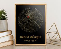 a black and gold framed poster with the words where it all begins on it next to some books