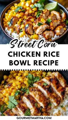 chicken rice bowl with corn and cilantro on the side