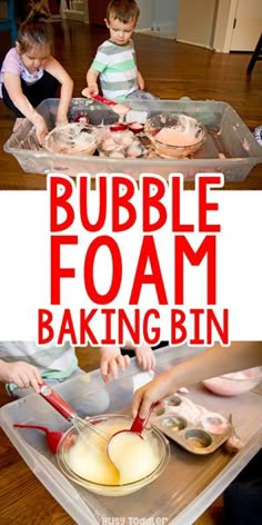 two children are making bubble foam baking bins