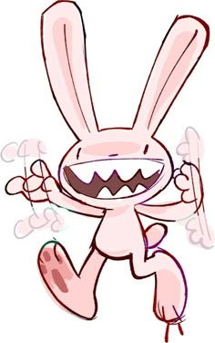 a drawing of a pink bunny with big eyes and mouth wide open, holding an object in one hand