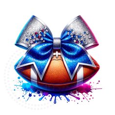 a football with a big bow on it's head and some paint splatters