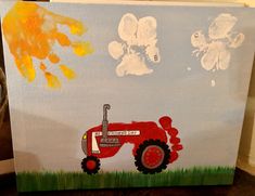 a painting of a red tractor in the grass