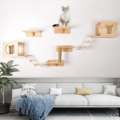 a cat sitting on top of a wooden shelf next to a white couch in a living room