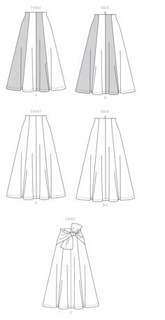 the skirt pattern is shown in three different ways, including pleating and gathered at the waist