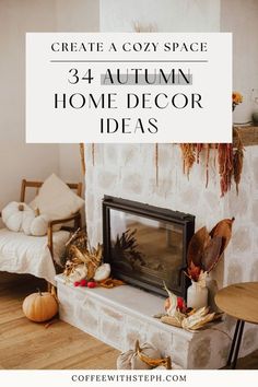 a living room filled with furniture and a fire place covered in autumn decorating items