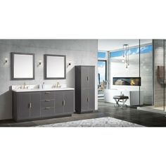 a bathroom with a sink, mirror and bathtub in grey color on the wall