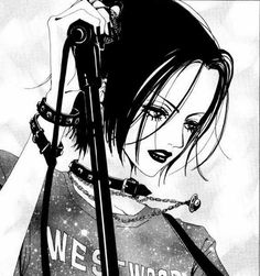 a drawing of a woman with black hair and piercings holding a microphone in her hand