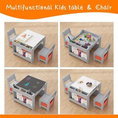 four different views of a children's table and chair