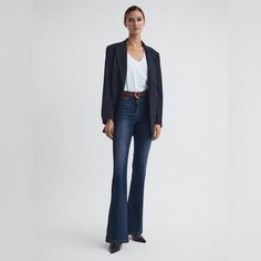 Reiss Dark Indigo Beau High Rise Skinny Flare Jeans Teaming A Seventies Silhouette With Its Desire For Denim, The Beau Mid Blue Jeans Are Crafted With The Modern Woman In Mind. Sitting High On The Waist They Skim Over The Thighs And Fall Into A Wide Flared Leg, Great For Lengthening The Profile. Team With A Blazer And Heels For A Chic Weekend Look. Perfect For Fall! Size 29 High Rise Zip Fly Five-Pocket Design Flared Silhouette Skinny Fit Through Thighs 43% Viscose 33% Cotton 17% Lyocell 5% Poly Dark Indigo, Pocket Design, Colored Jeans, Modern Woman, Flare Jeans, Blue Jeans, High Rise, Women Jeans, Blazer