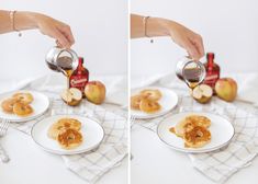 a person pouring syrup on some apple slices