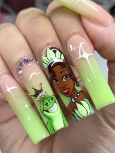 Disney Nails dream nail art for a princess manicure Princess In The Frog Nails, Tiana Themed Nails, Tiana Nails Princess, Princess And The Frog Nail Designs, Princess And The Frog Themed Nails, Disney Long Nails, Princess Tiana Nails Acrylic, Princess And The Frog Inspired Nails, Valantain Nails