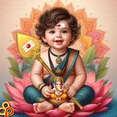 a baby sitting on top of a lotus with an arrow in his hand and smiling