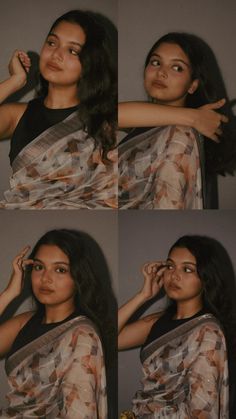 four photos of a woman wearing a sari and holding her hair in the air