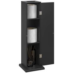 a black cabinet with two rolls of toilet paper