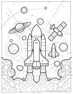 a coloring page with space shuttles and rockets in the sky, surrounded by planets