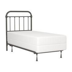 a metal bed frame with white sheets and black legs on an isolated white background, viewed from the side