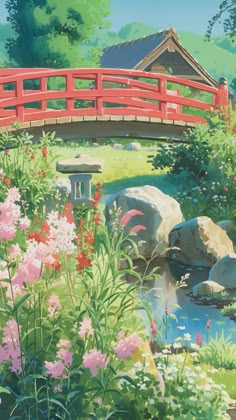 a painting of a red bridge over a stream with flowers and rocks in the foreground