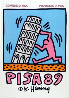 an advertisement for a pizza restaurant with a cartoon character leaning up against the tower of pisa