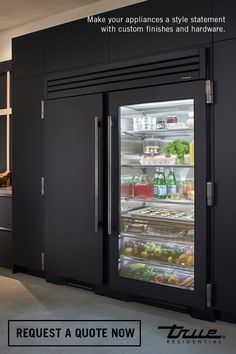 the refrigerator is full of food and drinks in it's glass door display case