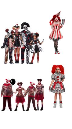 four different types of clowns are shown in this image, one is red and the other is white