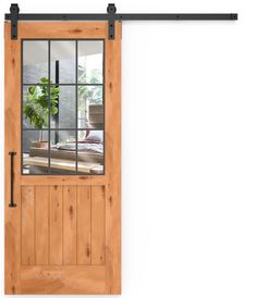 a wooden door with glass and metal bars