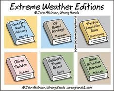 four books with different words on them and the title extreme weather editions written below