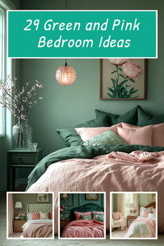 green and pink bedroom ideas with pictures of bedding, pillows and blankets in the same room