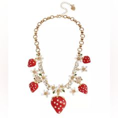 Frontal Necklace Featuring Delicious Red Strawberries Embellished With Delicate Stone Accents, White Flower Charms And Round Crystal Stones. Strawberry Necklace, Fruit Necklace, Strawberry Flower, Betsey Johnson Necklace, Flower Statement Necklace, Vintage Betsey Johnson, Bee Necklace, Gold Statement Necklace, Betsey Johnson Jewelry