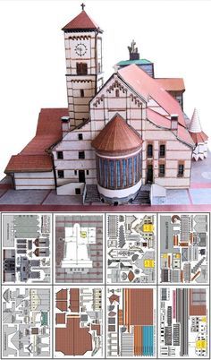 a paper model of a building with lots of different architectural details on the front and side