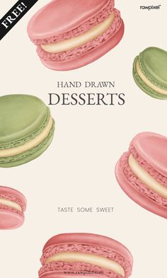 an advertisement for hand drawn desserts with macaroons