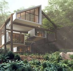 an artist's rendering of a house in the woods with trees and bushes surrounding it