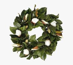 a wreath with white flowers and green leaves